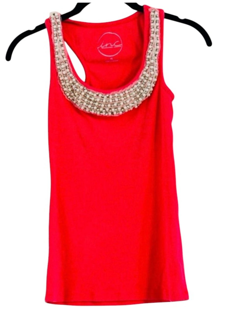 INC Coral Ribbed Tank With Pearls Embellished Neckline Size XS